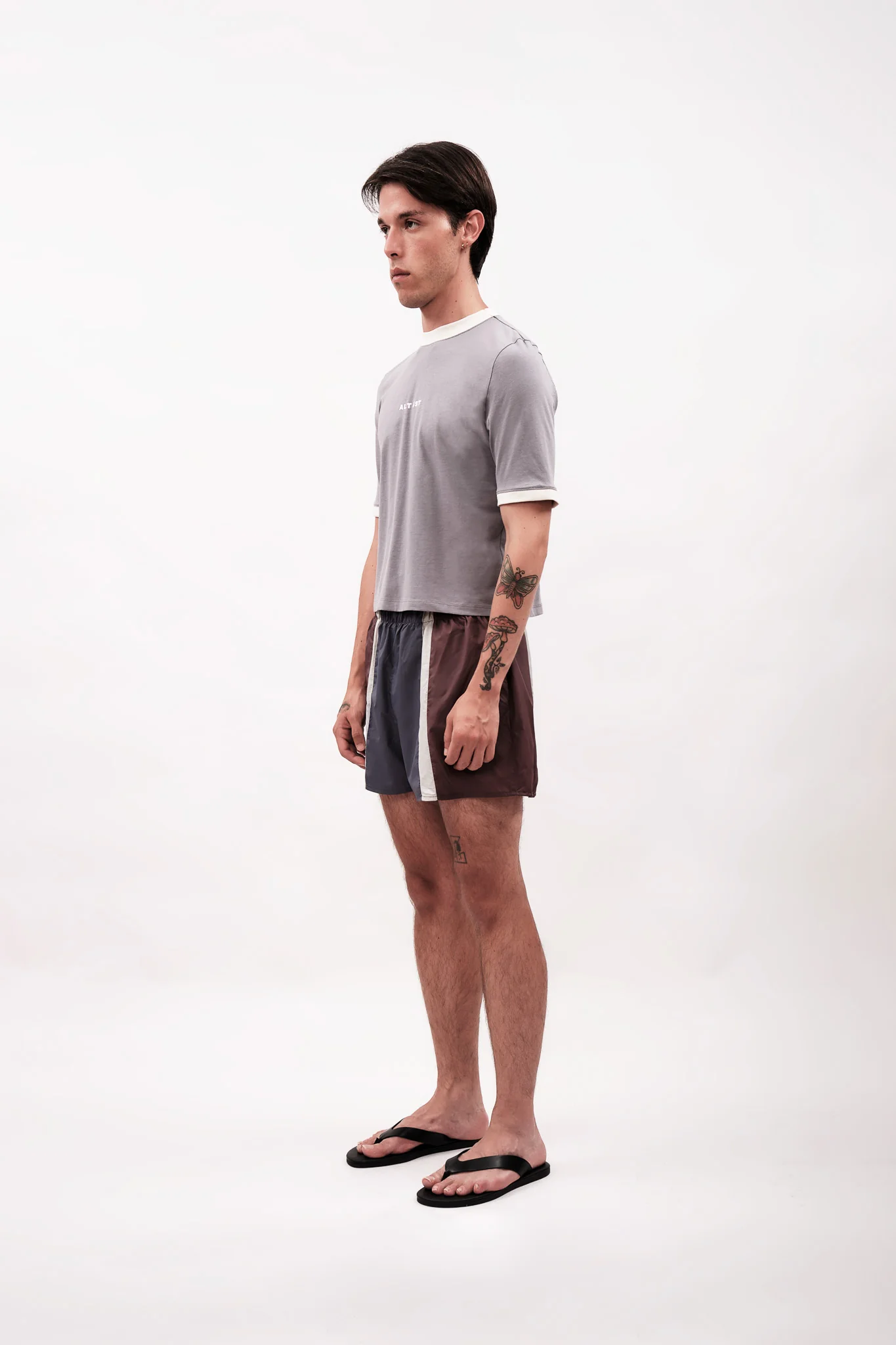 CONTRAST RIBBED T-SHIRT - GREY & CREAM - Image 4